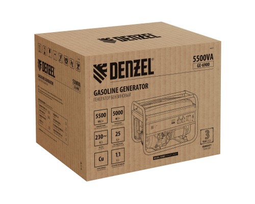 Генератор бензиновый GE 6900, 5.5 кВт, 220 В/50 Гц, 25 л, ручной старт Denzel Генератор бензиновый GE 6900, 5.5 кВт, 220 В/50 Гц, 25 л, ручной старт Denzel