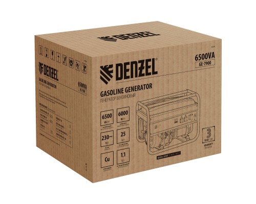 Генератор бензиновый GE 7900, 6.5 кВт, 220 В/50 Гц, 25 л, ручной пуск Denzel Генератор бензиновый GE 7900, 6.5 кВт, 220 В/50 Гц, 25 л, ручной пуск Denzel