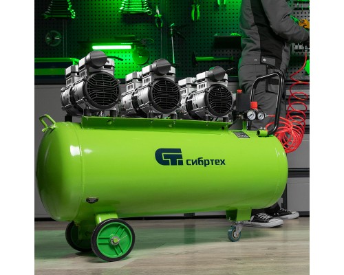 Компрессор безмаслянный малошумный МБ 2250/100, 2250 Вт, 100л, 400 л/мин// Сибртех