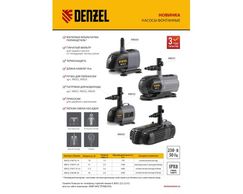 Насос фонтанный FNP110-34, 112 Вт, подъем 3,4 м, 3400 л/ч, колокольчик/каскад/гейзер Denzel