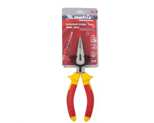 Длинногубцы прямые Insulated, 160 мм, двухкомпонентные рукоятки Matrix Professional Длинногубцы прямые Insulated, 160 мм, двухкомпонентные рукоятки Matrix Professional