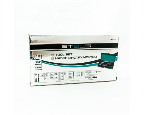 Набор торцевых головок с трещоткой, 1/4", 18 предметов Stels
