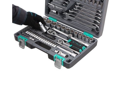 Набор инструментов, 1/2",3/8", 1/4", CrV, пластиковый кейс 142 предмета Stels
