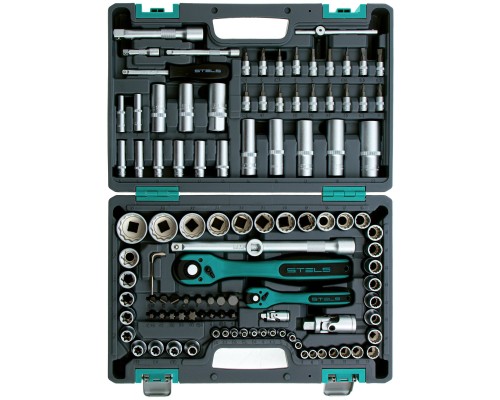 Набор инструментов 1/2", 1/4", CrV, 12 гранные головки, пластиковый кейс, 109 предмета Stels Набор инструментов 1/2", 1/4", CrV, 12 гранные головки, пластиковый кейс, 109 предмета Stels