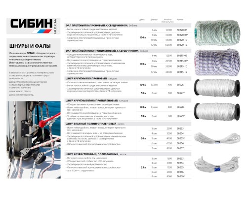 СИБИН d 12 мм, 16-прядный, 100 м, плетеный, с сердечником, капроновый фал (50220-12)