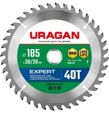 URAGAN Expert, 185 х 30/20 мм, 40Т, пильный диск по дереву (36802-185-30-40)