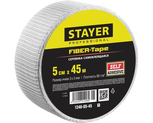 STAYER FIBER-Tape, 5 см х 45 м, 3 х 3 мм, самоклеящаяся серпянка, Professional (1246-05-45)