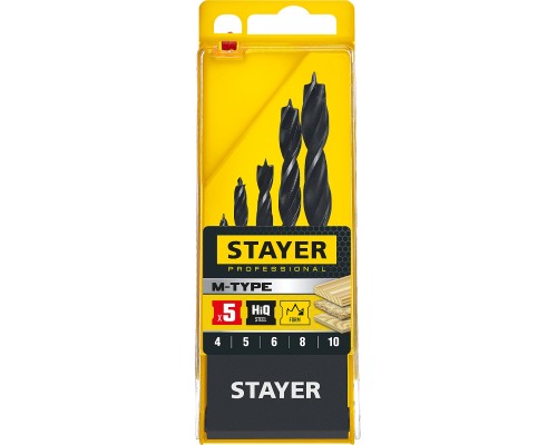 STAYER M-type, 5 шт: 4-5-6-8-10 мм, набор сверл спиральных по дереву (2942-H5) STAYER M-type, 5 шт: 4-5-6-8-10 мм, набор сверл спиральных по дереву (2942-H5)