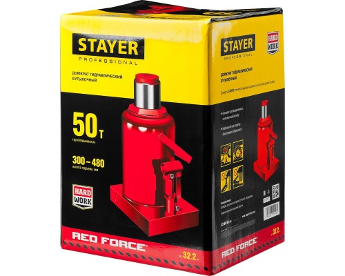 STAYER RED FORCE, 50 т, 300 - 480 мм, бутылочный гидравлический домкрат, Professional (43160-50)