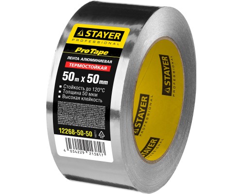 STAYER ProTape 50 мм, 50 м, до 120 °С, самоклеящаяся алюминиевая лента, Professional (12268-50-50) STAYER ProTape 50 мм, 50 м, до 120 °С, самоклеящаяся алюминиевая лента, Professional (12268-50-50)