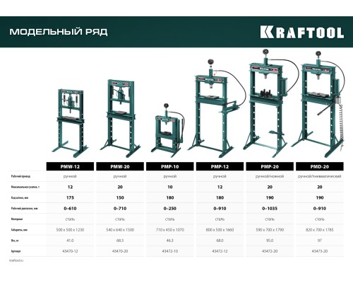 KRAFTOOL PMP-10, 10 т, гидравлический пресс с гидронасосом и манометром (43472-10)