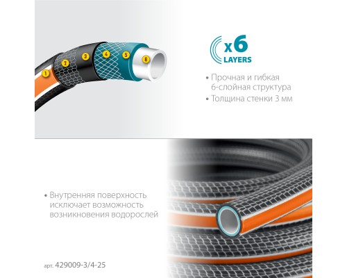 GRINDA ULTRA 6, 3/4″, 25 м, 25 атм, шестислойный, двойное армирование, поливочный шланг, PROLine (429009-3/4-25)