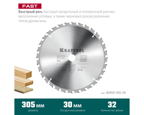 KRAFTOOL Fast, 305 х 30 мм, 32Т, пильный диск по дереву (36950-305-30)