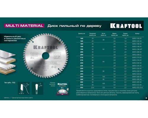 KRAFTOOL Multi Material, 160 х 20 мм, 48Т, пильный диск по алюминию (36953-160-20)