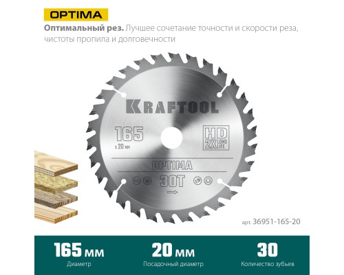 KRAFTOOL Optima, 165 х 20 мм, 30Т, пильный диск по дереву (36951-165-20)