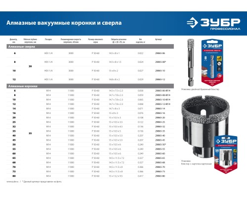 ЗУБР АВК, d 8 мм, (М14, 15 мм кромка), вакуумная алмазная коронка, Профессионал (29865-08-M14)