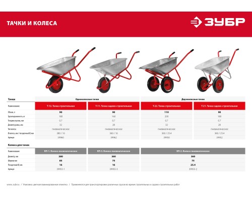 ЗУБР Т-11, 90 л, 160 кг, одноколесная, оцинкованная сталь, стальные опоры, d 25 мм, садово-строительная тачка (39962)