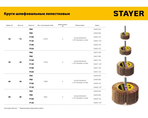 STAYER d 30 x 15 мм, P320, на шпильке d 6 мм, круг шлифовальный лепестковый (36606-320)