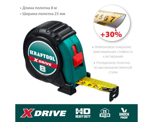 KRAFTOOL X-Drive, 8 м х 25 мм, рулетка (34122-08)