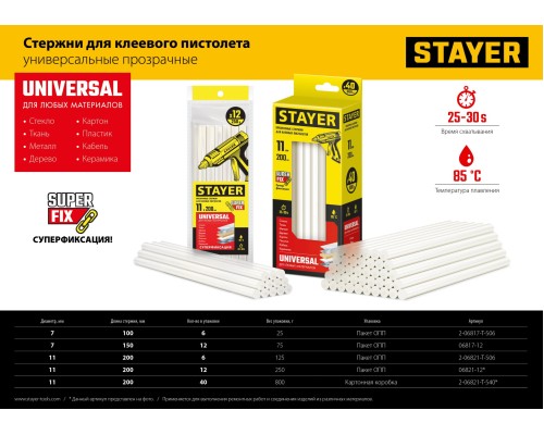 STAYER Universal, 7 х 150 мм, 12 шт, прозрачные, универсальные клеевые стержни Professional (06817-12)