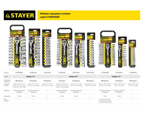 STAYER RSS 28S, 28 предм., (1/4″), набор торцовых головок и бит-головок (27754-H28)