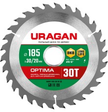 URAGAN Optima, 185 х 30/20 мм, 30Т, пильный диск по дереву (36801-185-30-30)