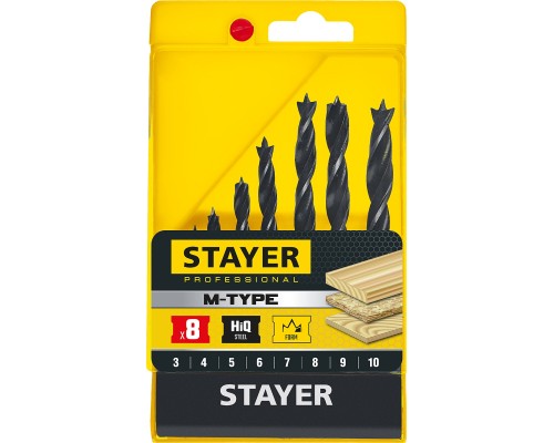 STAYER M-type, 8 шт: 3-4-5-6-7-8-9-10 мм, набор спиральных сверл по дереву (2942-H8) STAYER M-type, 8 шт: 3-4-5-6-7-8-9-10 мм, набор спиральных сверл по дереву (2942-H8)