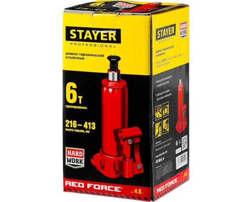 STAYER RED FORCE, 6 т, 216 - 413 мм, бутылочный гидравлический домкрат, Professional (43160-6)