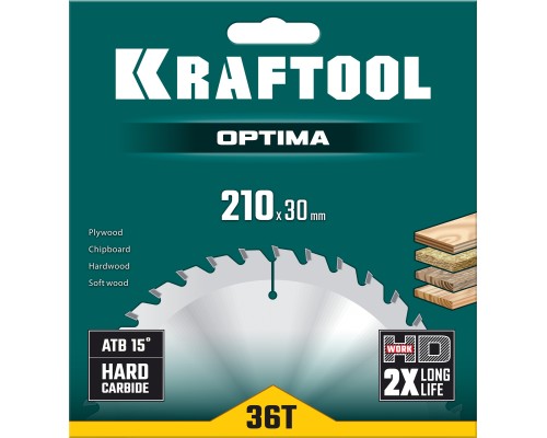 KRAFTOOL Optima, 210 х 30 мм, 36Т, пильный диск по дереву (36951-210-30)