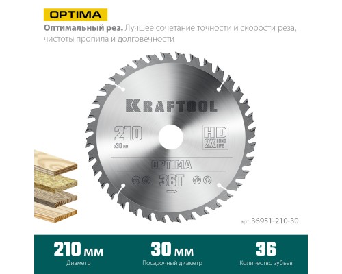 KRAFTOOL Optima, 210 х 30 мм, 36Т, пильный диск по дереву (36951-210-30)