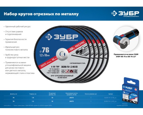 ЗУБР Х-2 (76х1.2 / 10 мм) набор для мини-УШМ 5 дисков отрезных по металлу, Профессионал 36200-76-1.2-H5