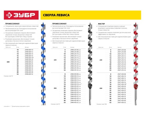 ЗУБР 10 x 450/360 мм, шестигранный хвостовик, сверло левиса по дереву (2947-450-10)