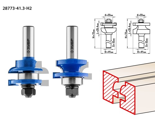 ЗУБР 41 x 23 мм, хвостовик 12 мм, набор фрез рамочных №3, Профессионал (28773-41.3-H2)