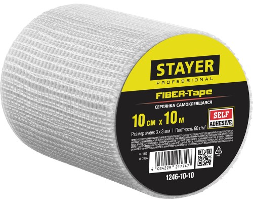 STAYER FIBER-Tape, 10 см х 10 м, 3 х 3 мм, самоклеящаяся серпянка, Professional (1246-10-10)