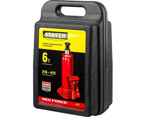 STAYER RED FORCE, в кейсе, 6 т, 216 - 413 мм, бутылочный гидравлический домкрат, Professional (43160-6-K)