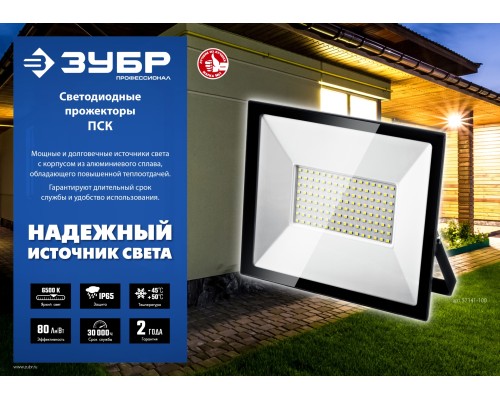 ЗУБР ПСК-30, 30 Вт, 6500 К, IP 65, светодиодный прожектор, Профессионал (57141-30) ЗУБР ПСК-30, 30 Вт, 6500 К, IP 65, светодиодный прожектор, Профессионал (57141-30)