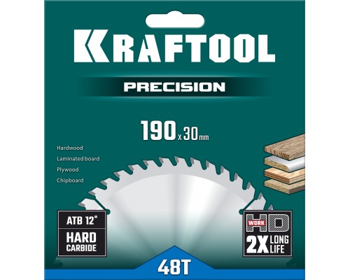 KRAFTOOL Precision, 190 х 30 мм, 48Т, пильный диск по дереву (36952-190-30)