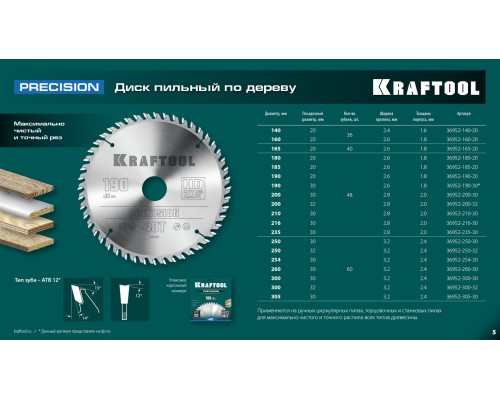 KRAFTOOL Precision, 190 х 30 мм, 48Т, пильный диск по дереву (36952-190-30)