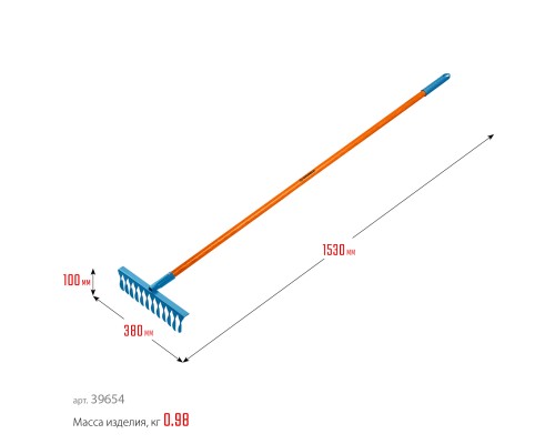 GRINDA PR-12T FIBER, 380 х 100 х 1530 мм, 12 витых зубцов, углеродистая сталь, фибергласовый черенок, PROLine (39654)