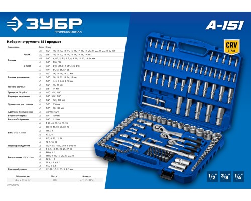 ЗУБР А-150, 150 предм., (1/2″+ 3/8″+ 1/4″), универсальный набор инструмента, Профессионал (27637-H150)