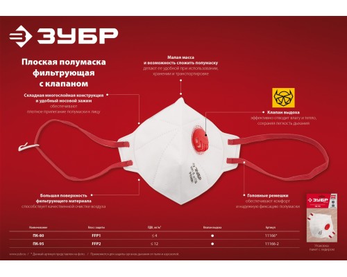 ЗУБР класс защиты FFP1, плоская, фильтрующая полумаска с клапаном выдоха (11166) ЗУБР класс защиты FFP1, плоская, фильтрующая полумаска с клапаном выдоха (11166)