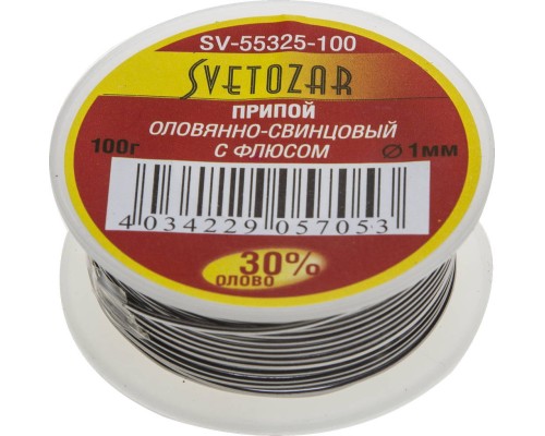 СВЕТОЗАР ПОС 30, 1 мм, 100 г, трубка с флюсом, катушка, припой (SV-55325-100)