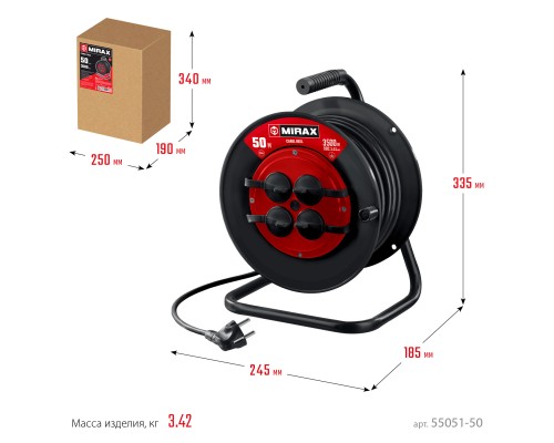 MIRAX ПВС, 3 х 2.5 мм2, 50 м, 3500 Вт, IP44, силовой удлинитель на катушке (55051-50)