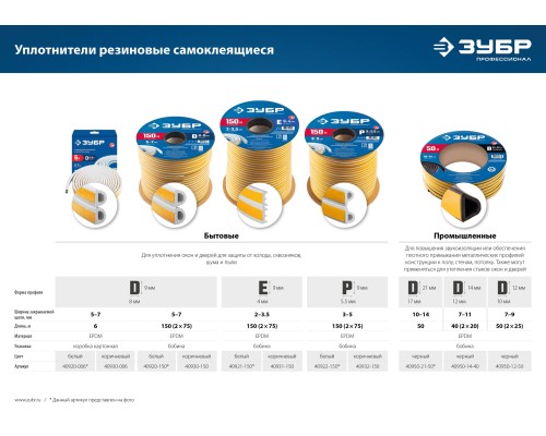 ЗУБР 150 м, P-профиль, размер 9 х 5.5 мм, белый, самоклеящийся резиновый уплотнитель, Профессионал (40922-150)