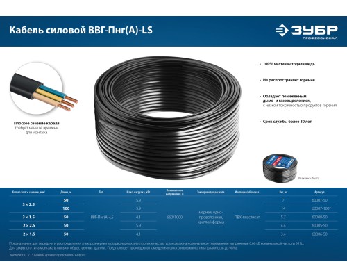 ЗУБР ВВГ-Пнг(А)-LS, 2 x 1.5 мм2, 50 м, ГОСТ 31996-2012, плоский, силовой кабель с пониженным дымо-газовыделением, Профессионал (60006-50) ЗУБР ВВГ-Пнг(А)-LS, 2 x 1.5 мм2, 50 м, ГОСТ 31996-2012, плоский, силовой кабель с пониженным дымо-газовыделением, Профессионал (60006-50)