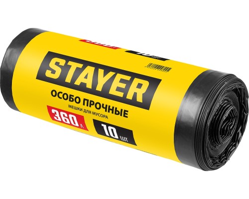 STAYER HEAVY DUTY, 360 л, 10 шт, черные, особопрочные, строительные мусорные мешки (39157-360)