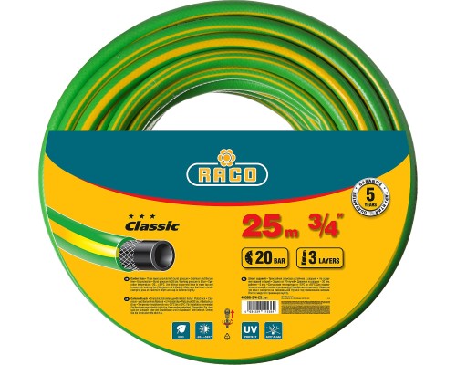 RACO CLASSIC, 3/4″, 25 м, 20 атм, трёхслойный, армированный, поливочный шланг (40306-3/4-25)