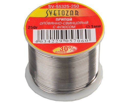 СВЕТОЗАР ПОС 30, 1 мм, 250 г, трубка с флюсом, катушка, припой (SV-55325-250)