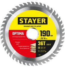 STAYER Optima, 190 x 20/16 мм, 36Т, оптимальный рез, пильный диск по дереву (3681-190-20-36)