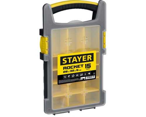 STAYER ROCKET-15, 280 x 320 x 50 мм, (11″), пластиковый органайзер с 15 съемными лотками (2-38031)